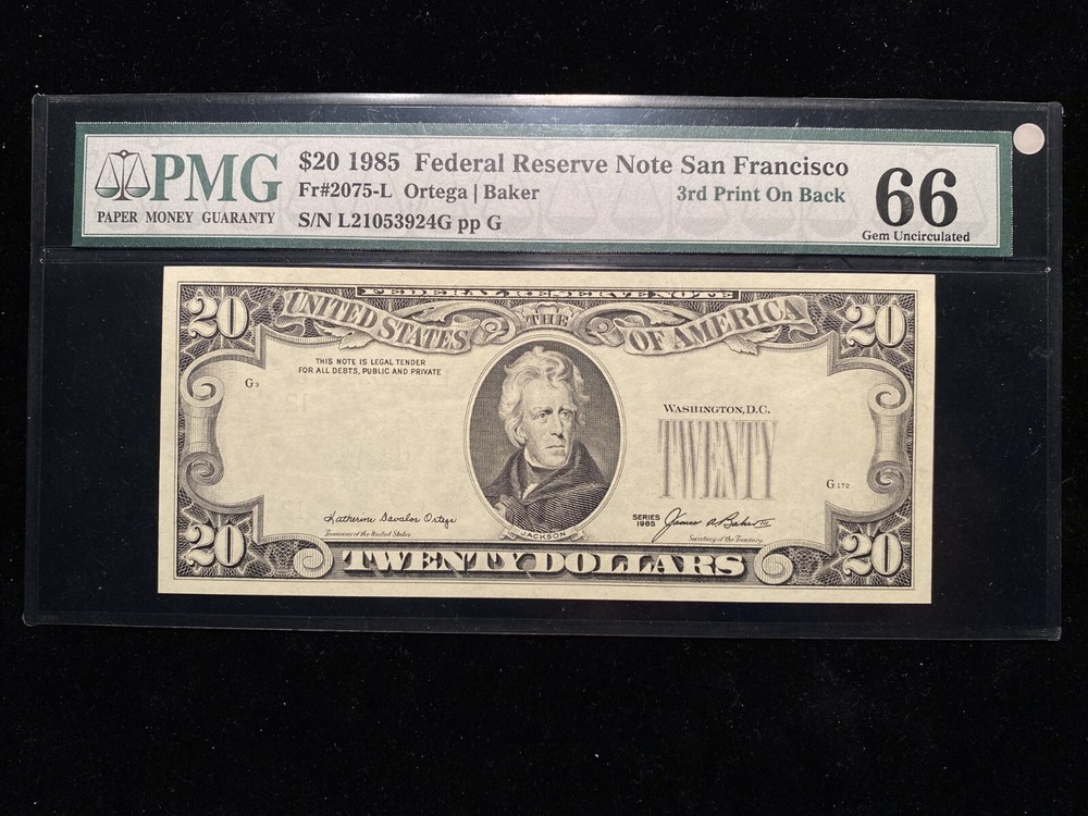 1985 3rd Print On Back Error $20 Note PMG Uncirculated CU66 Missing Print Bill
