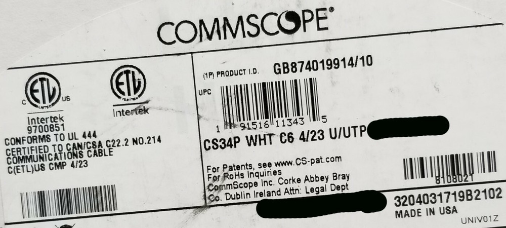 Commscope CS34P 23/4P Cat6 U/UTP WebTrak Plenum CMP Network Cable White /100ft