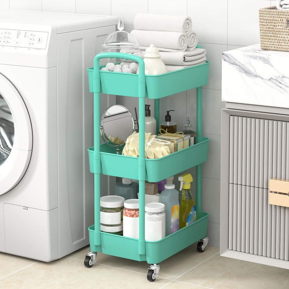 3-Tier Plastic Rolling Utility Cart with Handle, Multi-Functional Storage