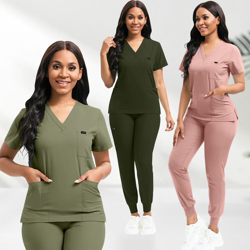 Unisex Stretch Nurse Uniform Medical Scrub Sets Women Men V-Neck Top Jogger Pant