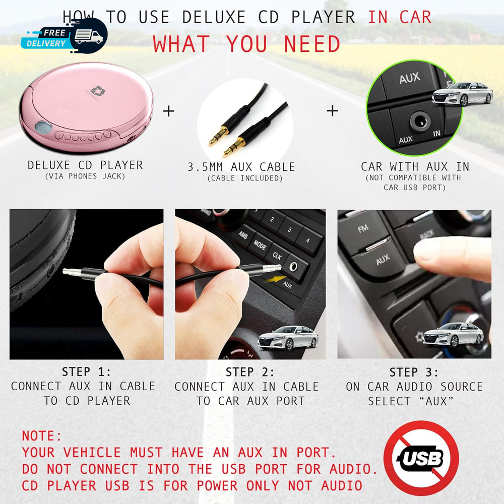 CD Player Portable with 60 Second anti Skip, Stereo Earbuds, Includes Cable