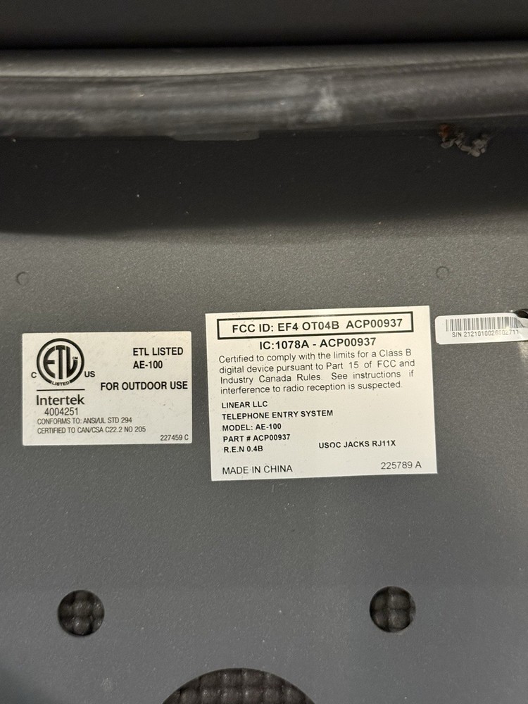 Linear Intercom AE-100 Telephone Entry System