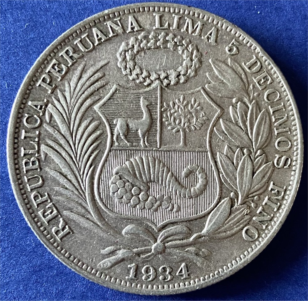 Peru 1 Sol 1934 0.500 Silver (Crown Size)