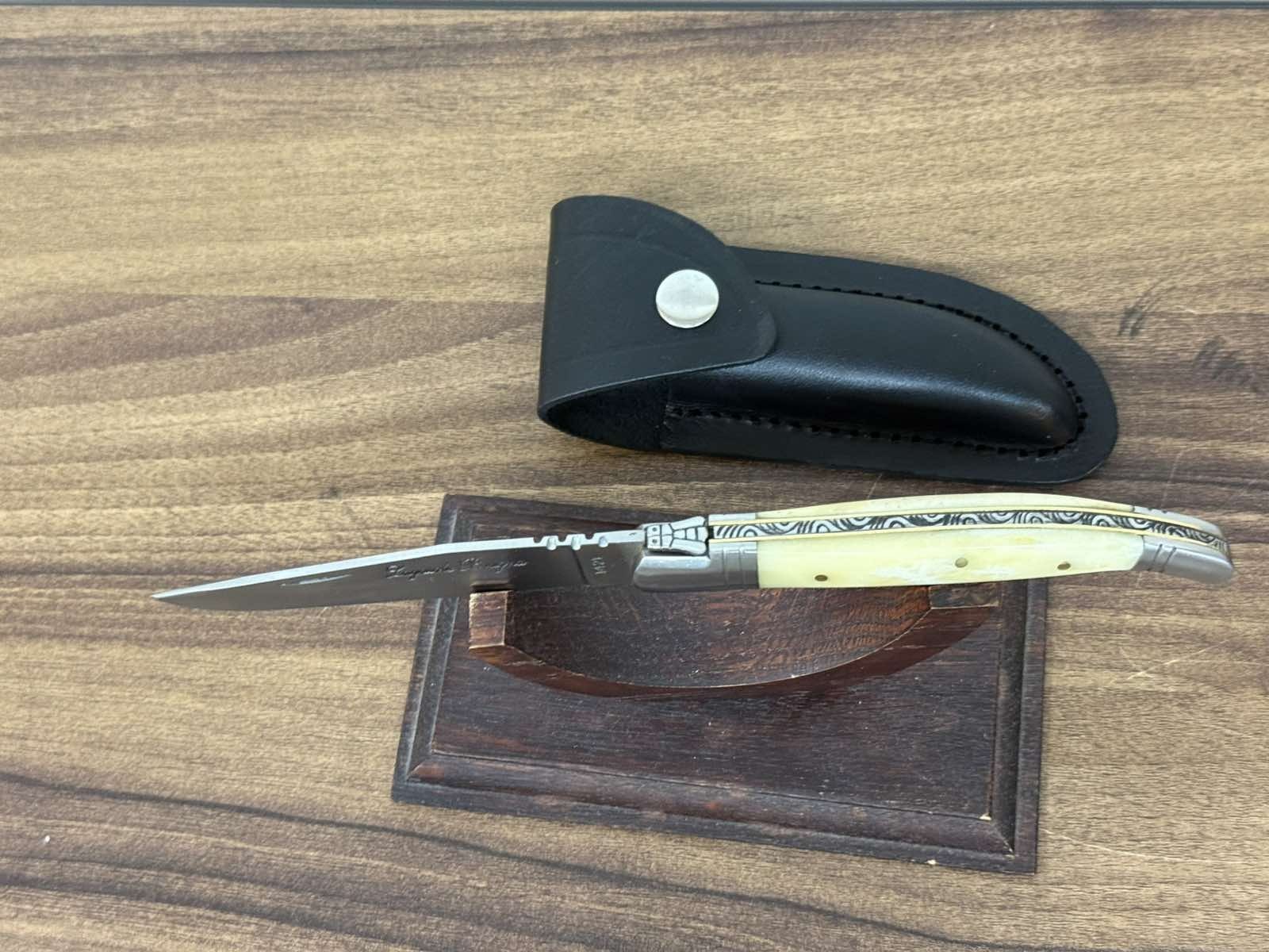 Vintage Laquiole Pocket Knife Blade Steel Antler Handle Leather Sheath Mens Rare