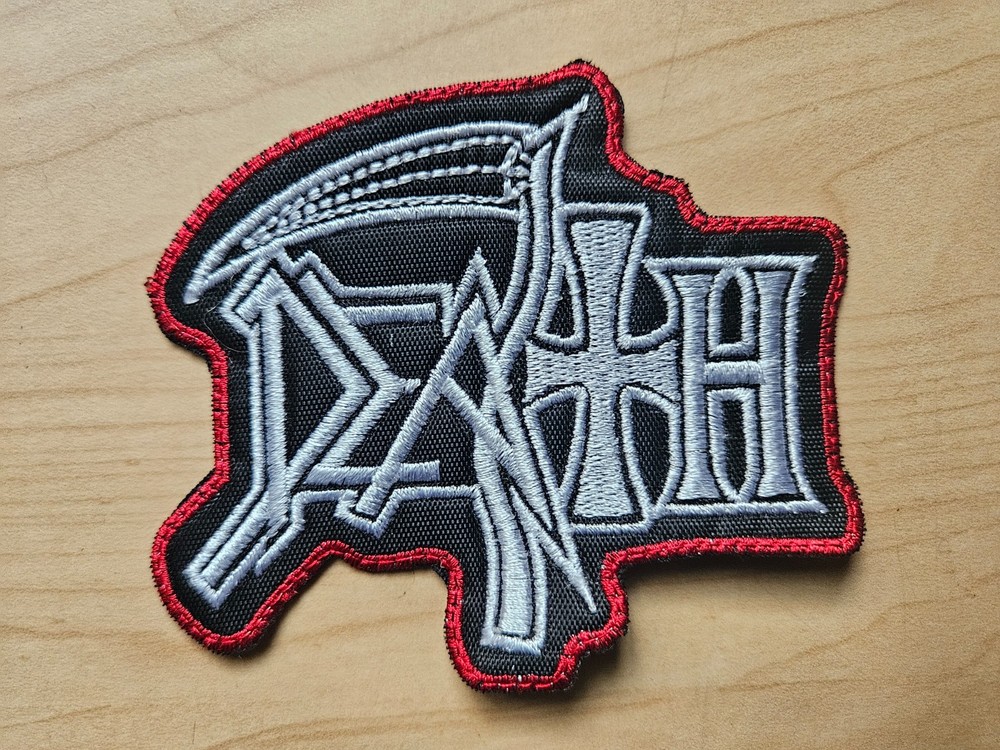 DEATH,SEW ON WHITE RED BORDER EMBROIDERED PATCH