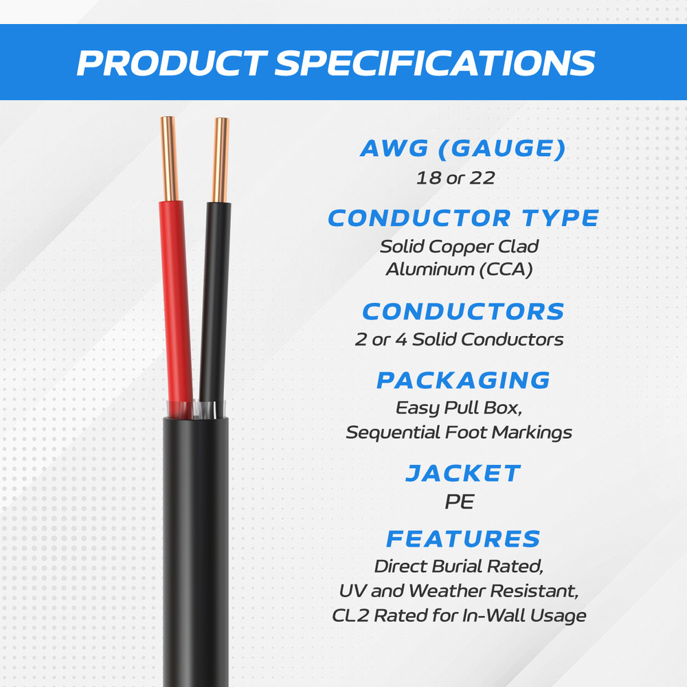 Alarm Cable 500ft 22/2 Solid UTP CCA CL2 Outdoor Security System CCTV