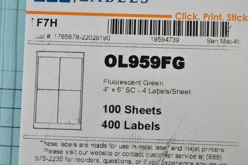 Online Labels Fluorescent Green 4" x 6" Large Format Labels 100 Sheets 400 Label