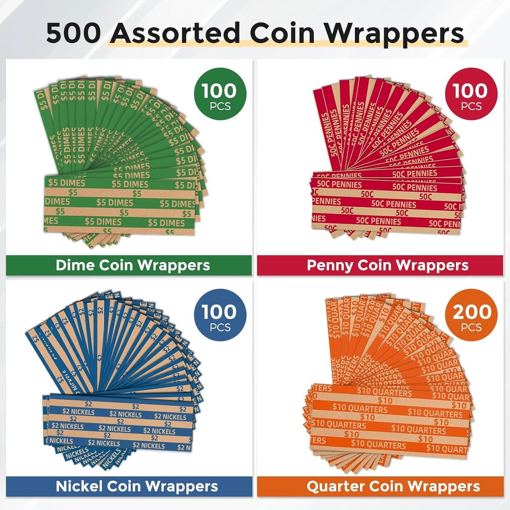 Coin Wrappers Assorted 500 Flat Stripped Roll for 500