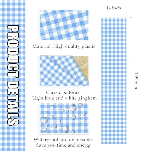 Plastic 14 x 108 Disposable 6 Pcs Light Blue and White Checkered Table Runner