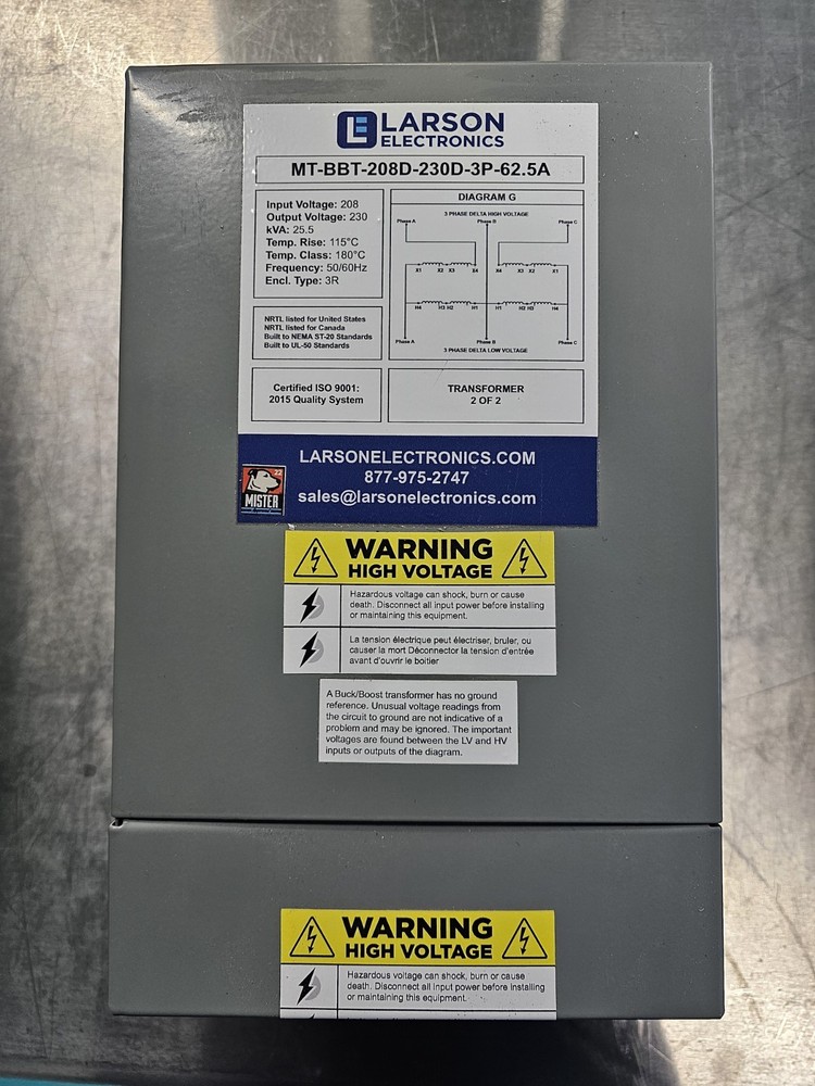 Larson Electronics MT-BBT-208D-230D-3P-62.5A Boost Transformers. 1 and 2