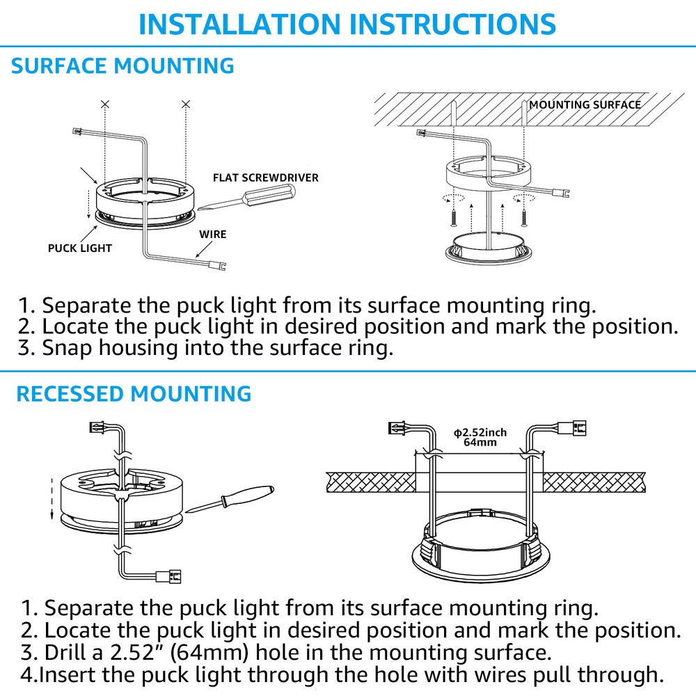 LED Under Cabinet Lighting Kit, 2W LED Puck Lights, 4Pcs