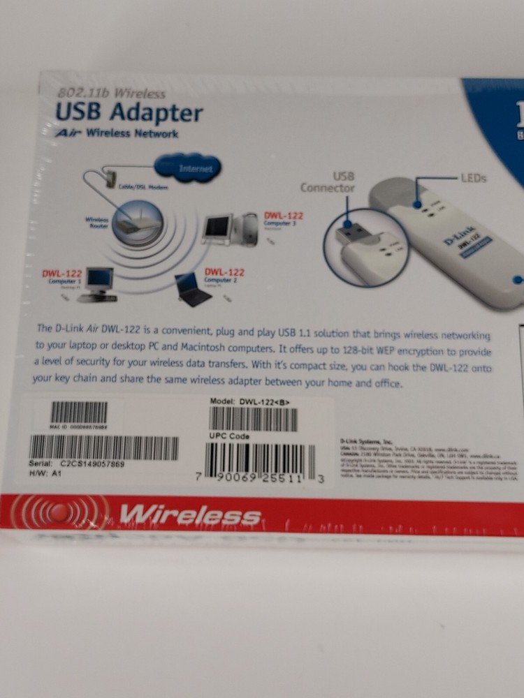 D-link Air Wireless Network- USB Adapter 802.11b DWL-122 New