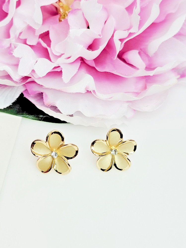 Gold Plumeria CZ stud earrings