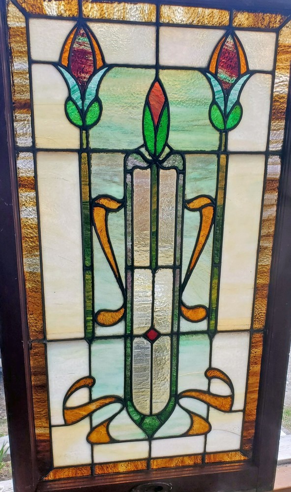 ANTIQUE STAINED GLASS WINDOW 26 BY 46