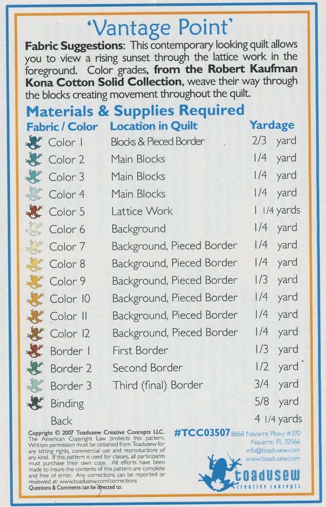 Toadusew Creative Concepts Vantage Point Windows Quilting Quilt Pattern