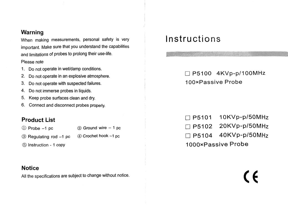 Oscilloscope high voltage probe P5100 1PC