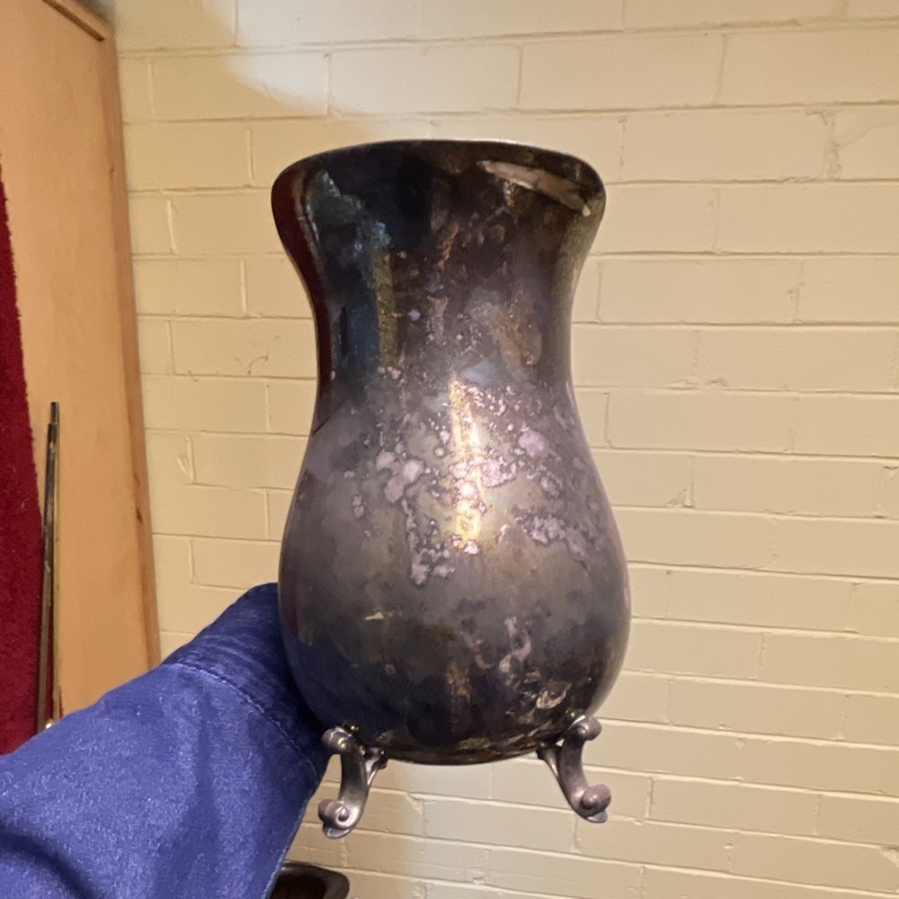 Antique Silverplate Footed Pitcher with Ornate Handle and Decorative Base