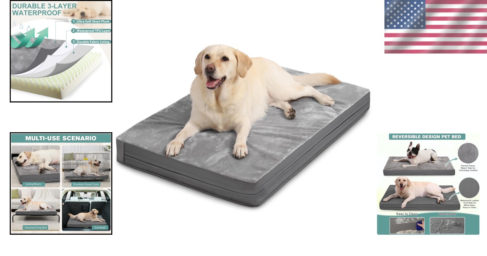 XL Waterproof Dog Bed, Orthopedic Foam, Reversible Cover