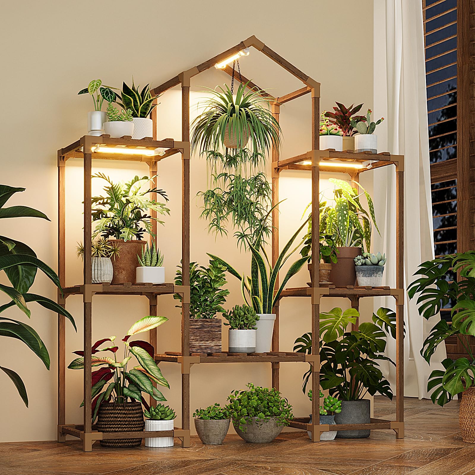 Indoor Plant Stand with Grow Lights Wooden Shelf for Hanging Flower Pots