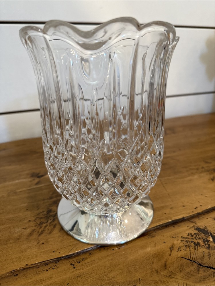 Vintage Diamond Cut Pattern Crystal Pitcher with Silverplate Base
