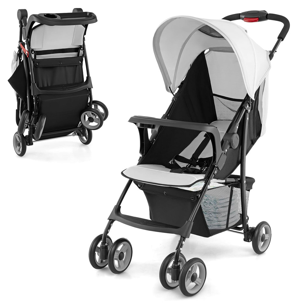 Lightweight Stroller Compact Toddler Adjustable Canopy  Backrest Storage Basket