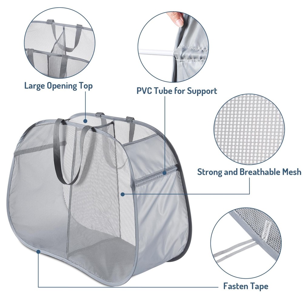 Mesh Popup Laundry Hamper 2 Compartment, Collapsible Laundry Sorter Basket Fo...