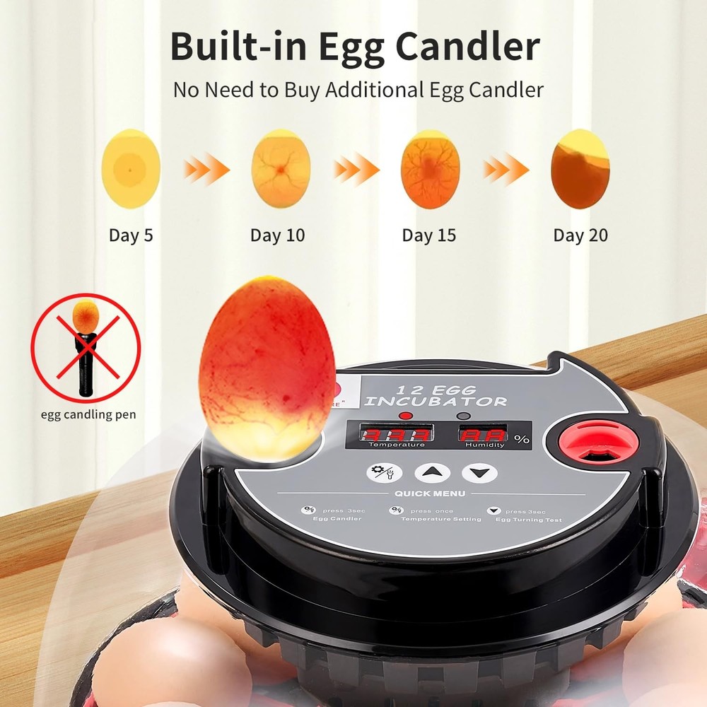 12 Egg Incubator with Auto Turn & Humidity Control 360° View Poultry Hatcher