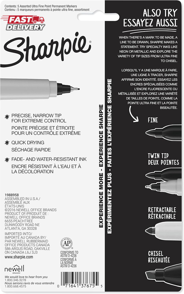 Sharpie 37675PP Permanent Markers, Ultra Fine Point, Assorted Colors, 5 Count
