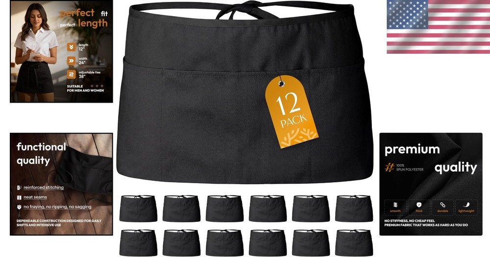 Versatile 12-Pack Black Waist Aprons with Adjustable Ties for All Occasions