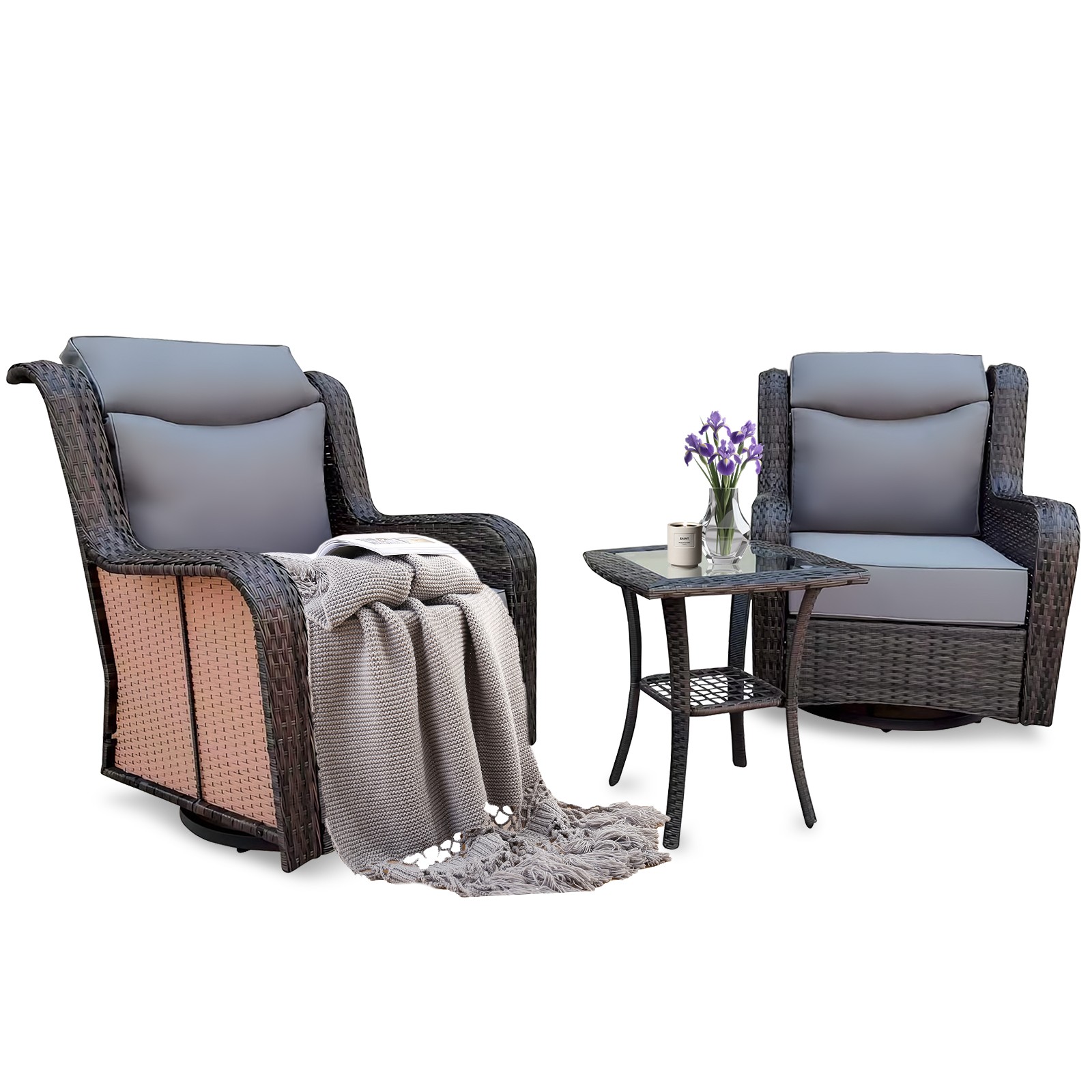 3PCS Wicker Patio 360° Swivel Rocker, Outdoor Swivel Rocking Chair Set w/ Table