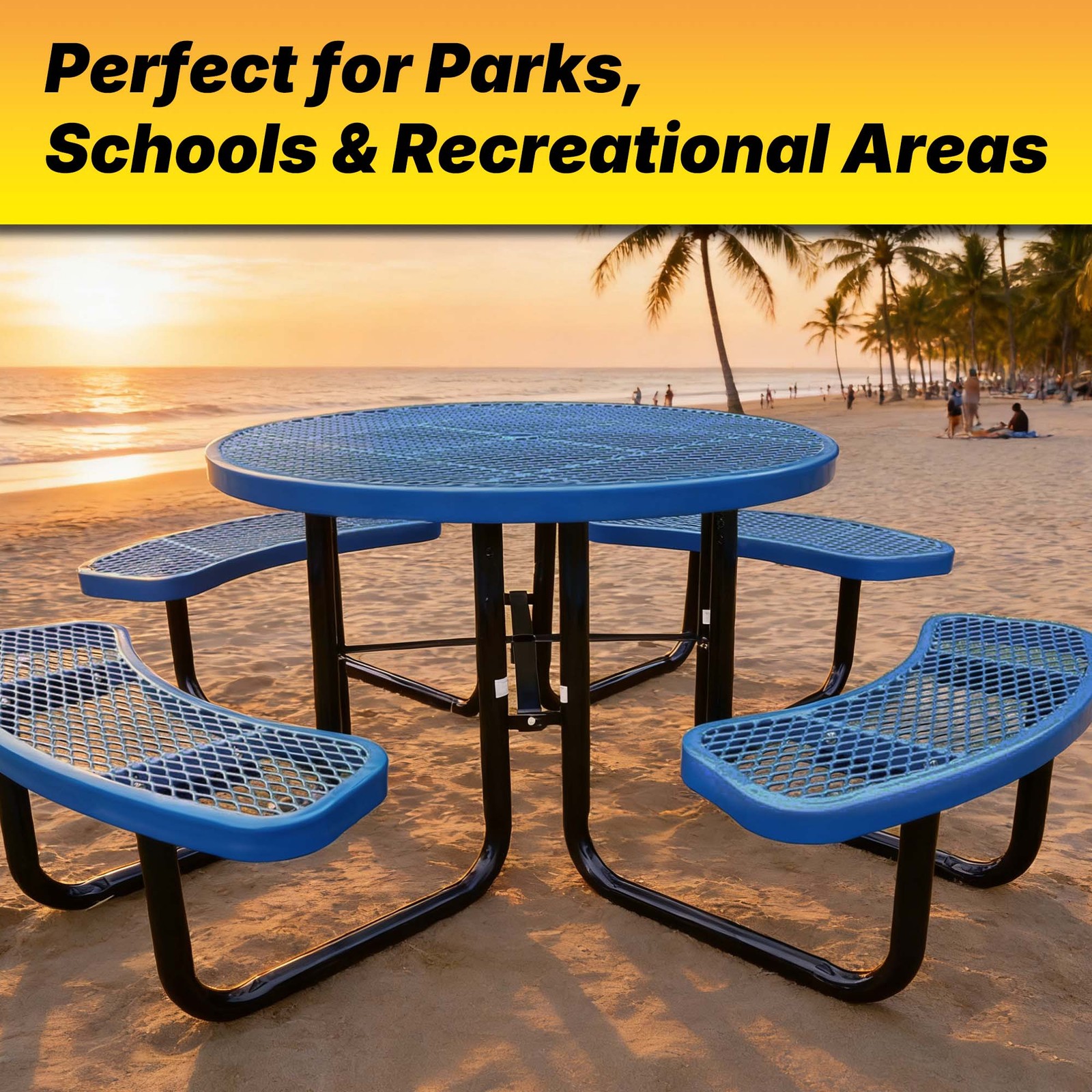 LAUCO 46 Inch Round Metal Picnic Table with Attached Benches, Red Thermoplastic