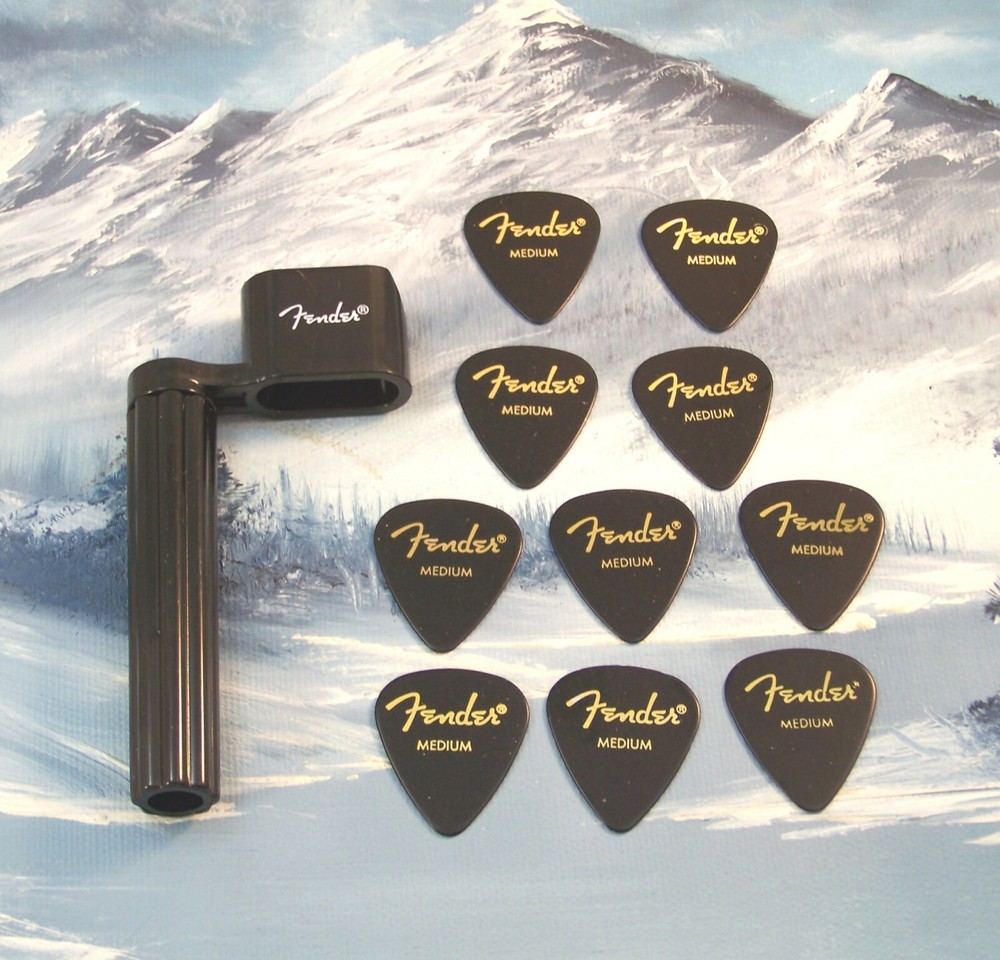 GENUINE FENDER ~ 10 MEDIUM BLACK 351 GUITAR PICKS + STRING WINDER