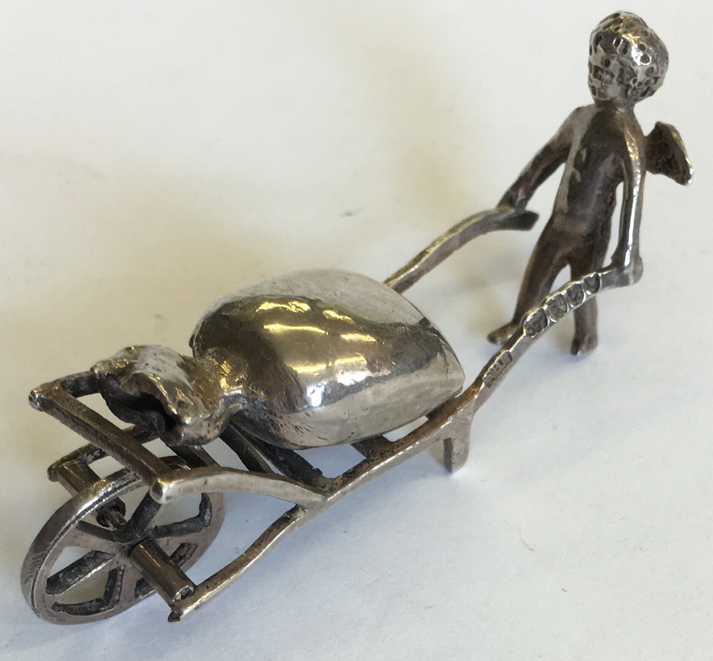 Antique Solid Silver Miniature Cherub Pushing Sack Barrow Samuel Landeck 1899