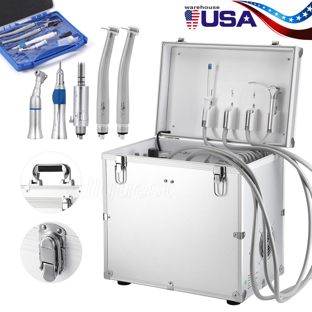 Portable Dental Mobile Delivery Unit Air Compressor Suction/Handpiece Kit 4 Hole