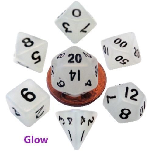 7 COUNT MINI RESIN GLOW POLY DICE SET, CLEAR w/black numbers