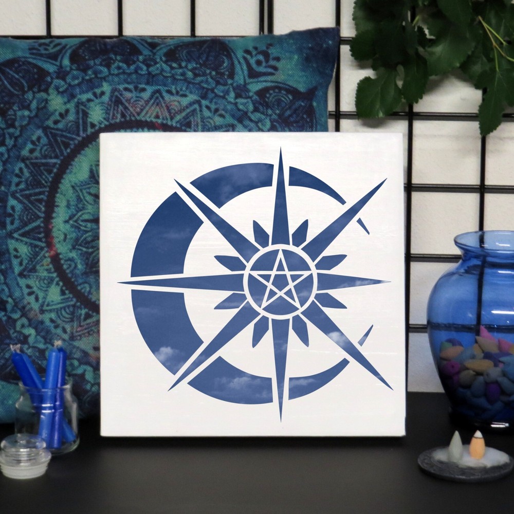 Crescent Moon & Shining Sun with Pentacle Center STENCIL Celestial/Cosmic!!