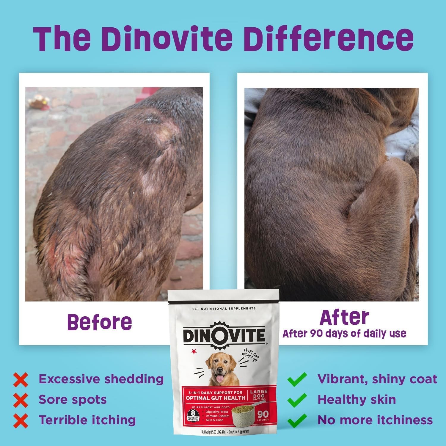 Dinovite for Large Dogs, 3-In-1 Probiotic Supplement Dogs 45-75 lbs USA SELLER
