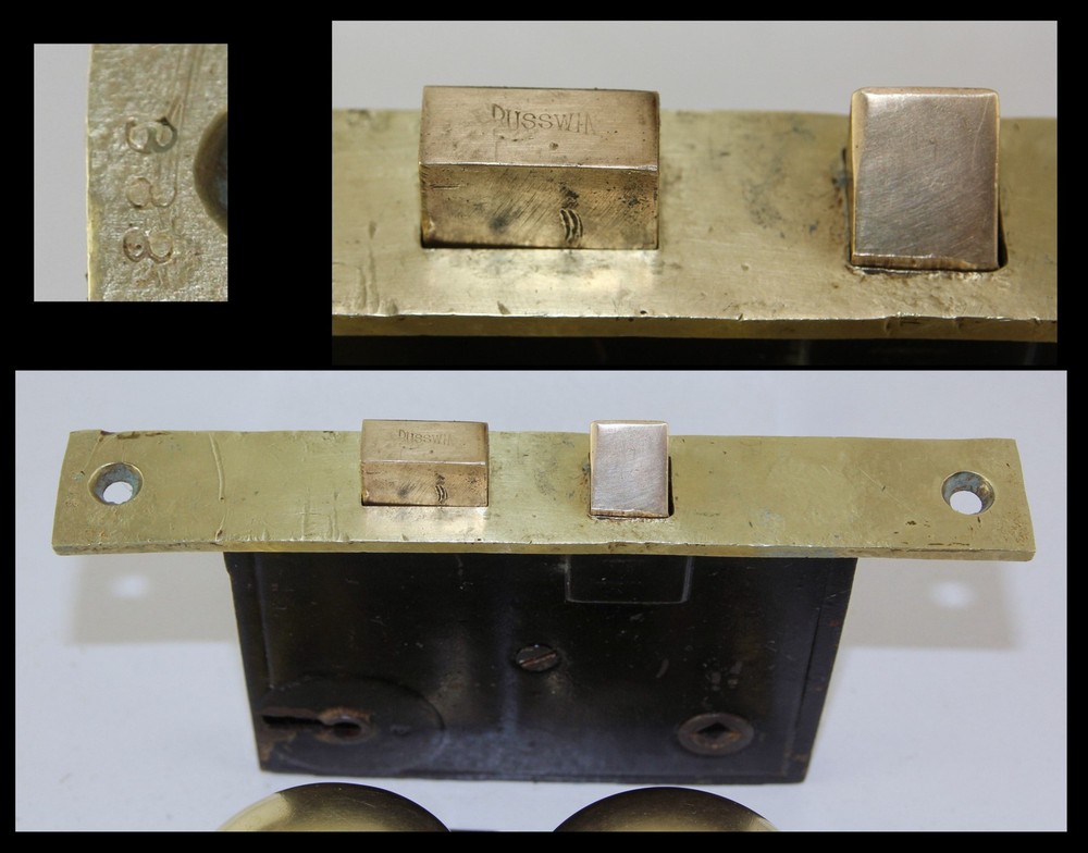 Vintage Industrial Russwin R&E Brass Mortise Lock Set Door Knobs Plates & Key