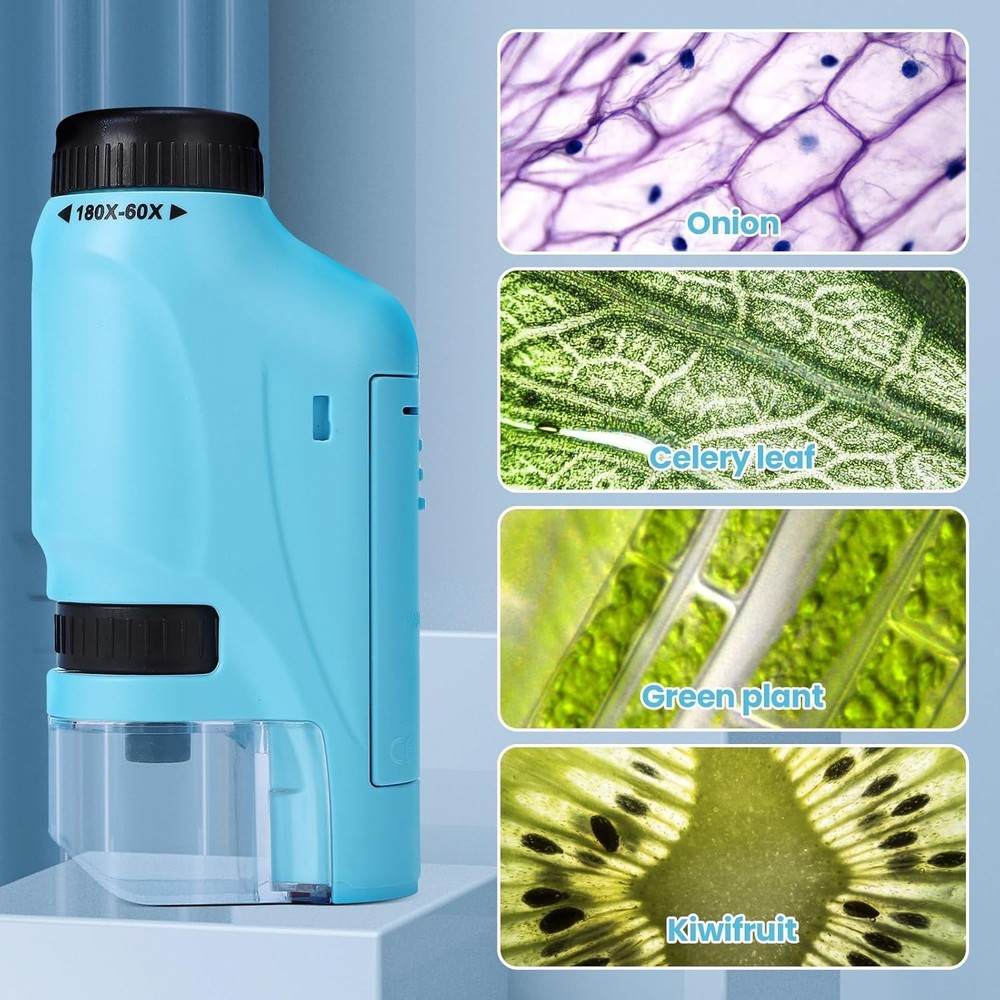 Portable Mini Microscope Handheld 60x-180x Lighted Microscope W/4 Slides, Blue
