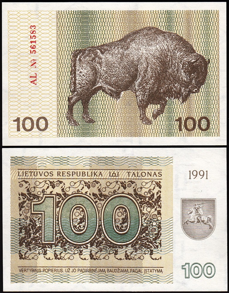Lithuania 100 Talonu 1991, UNC, P-38b, Completely Watermark, Bison