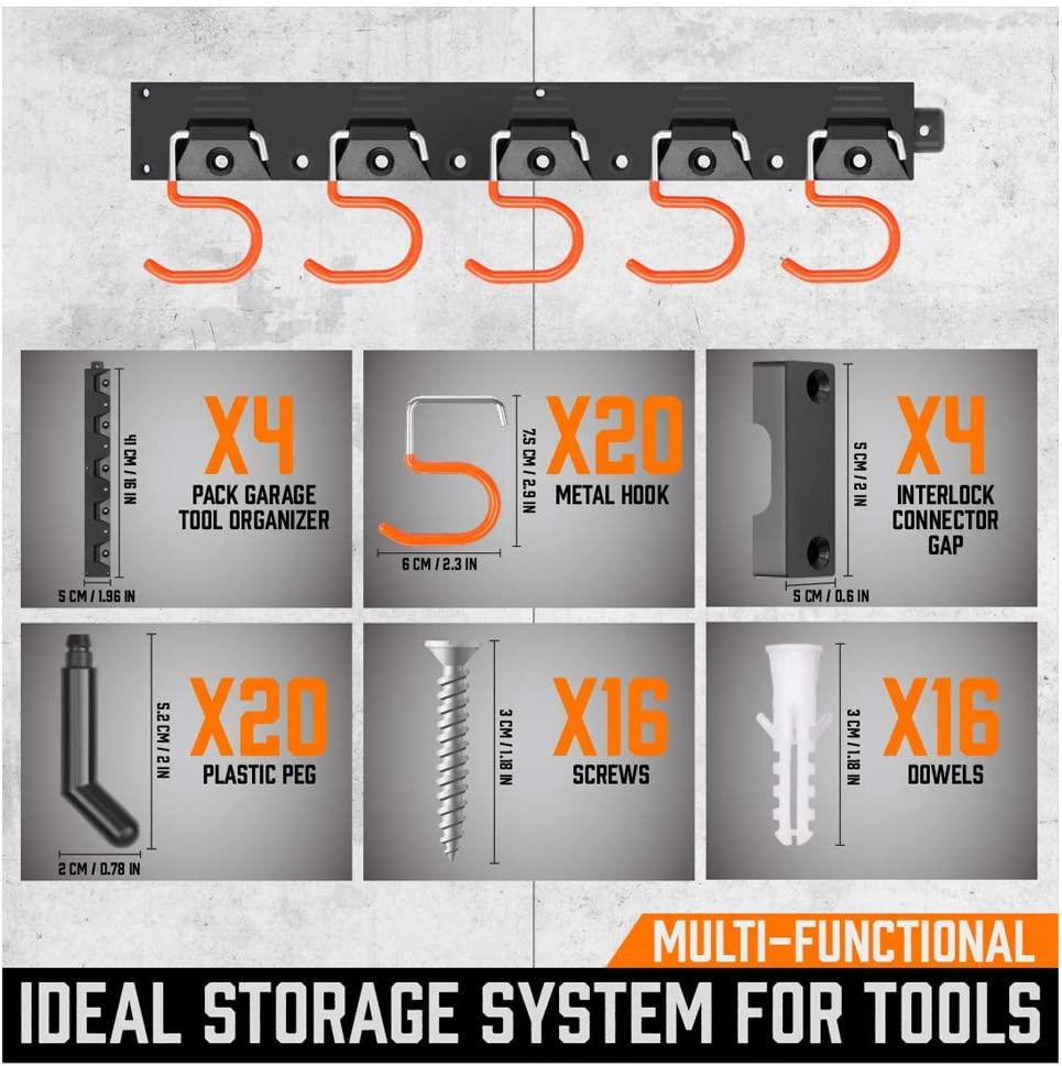 64 Inch Adjustable Storage System, Wall Mount Tool Organizer, Hangers for Mop an