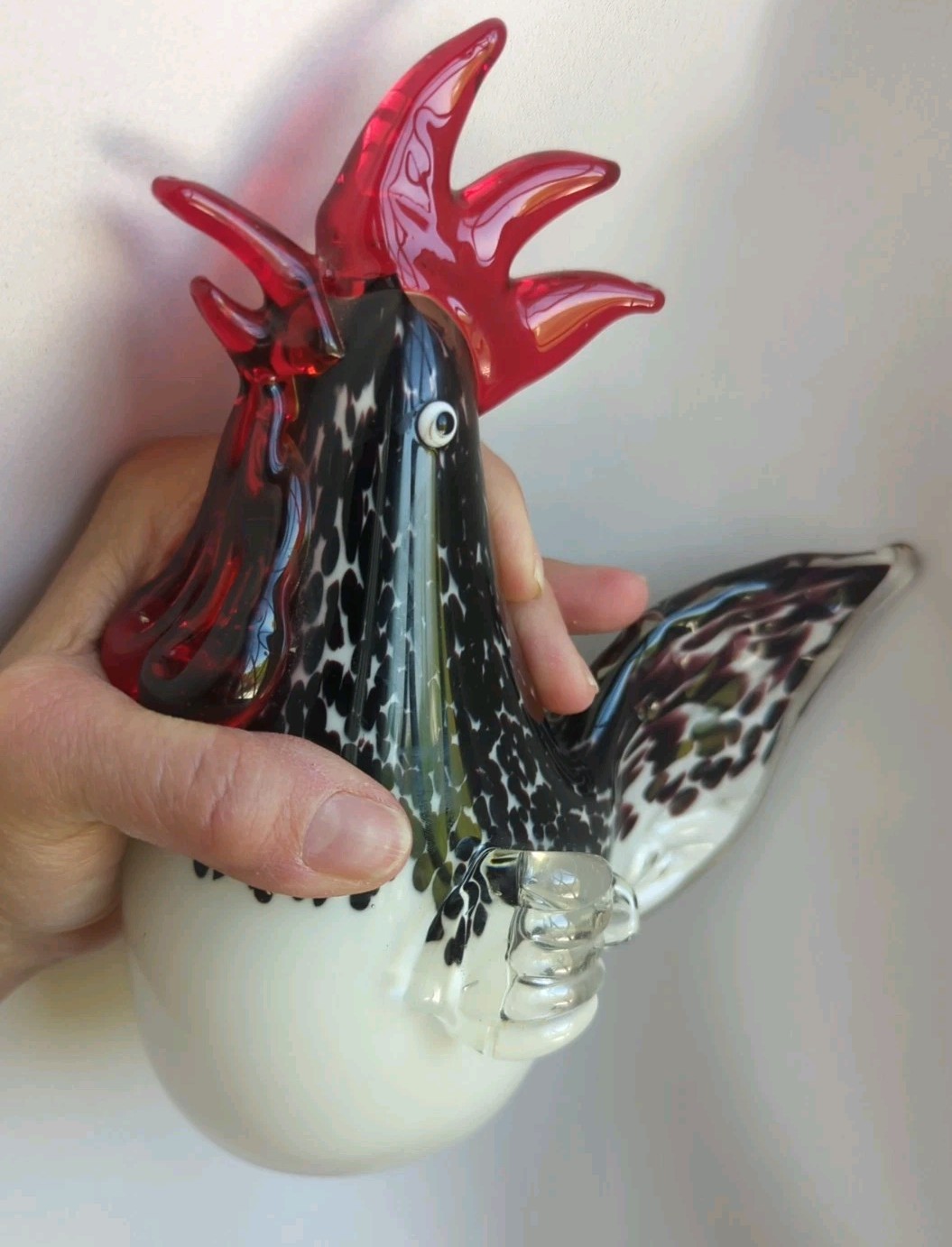 Black White Red Art Glass Heavy Rooster Bird Figurine Farm Decor Paperweight