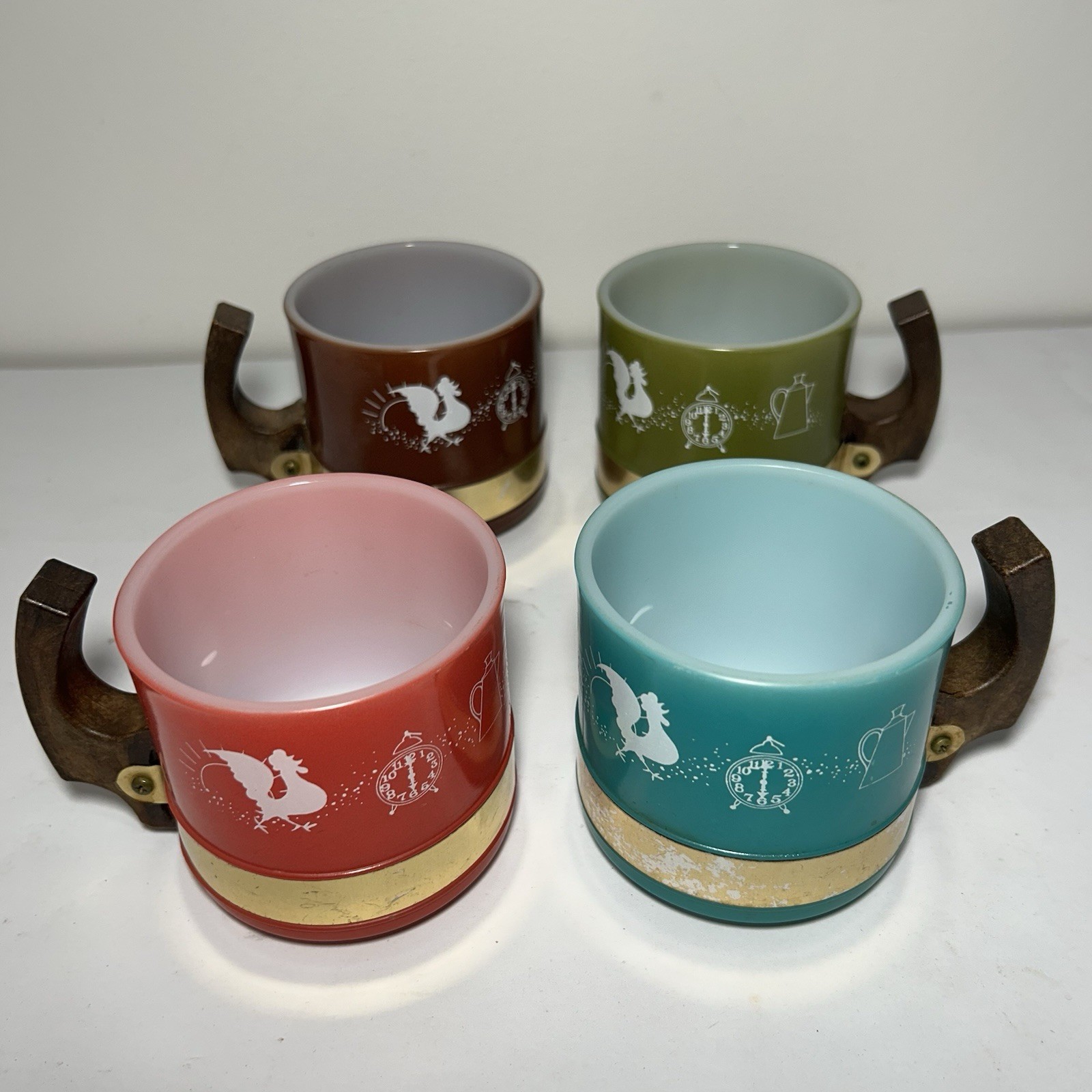 Vintage Siesta Ware Mugs 4 Multi Colored W/ Wooden Handles & Gold Band Accents