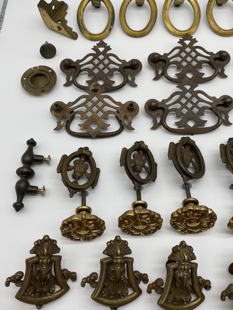 Vintage Lot of over 50 Assorted Brass Drawer Handles Pulls Knobs Plates Misc