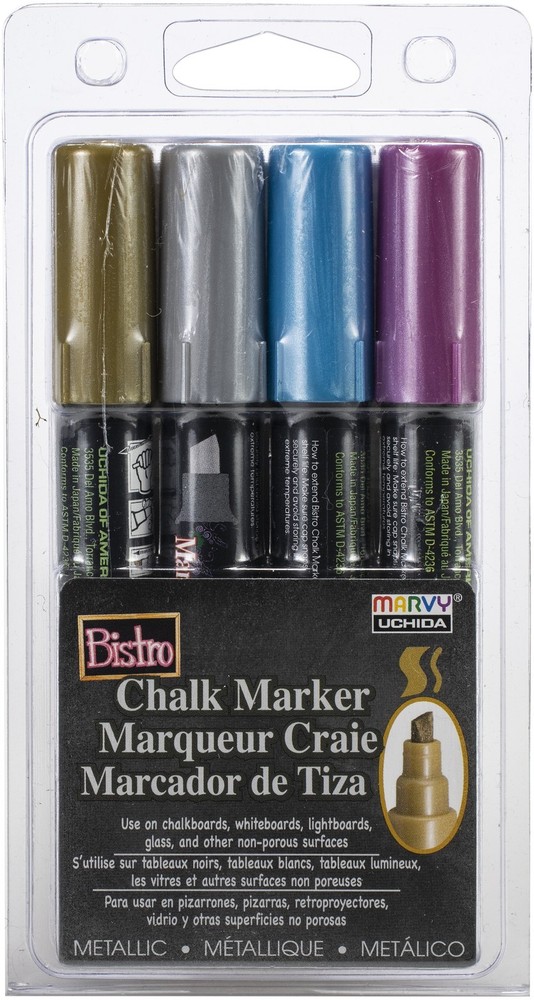 Bistro Chalk Marker Chisel Tip Set 4/Pkg Metallics - Gold, Silver, Red & Blue