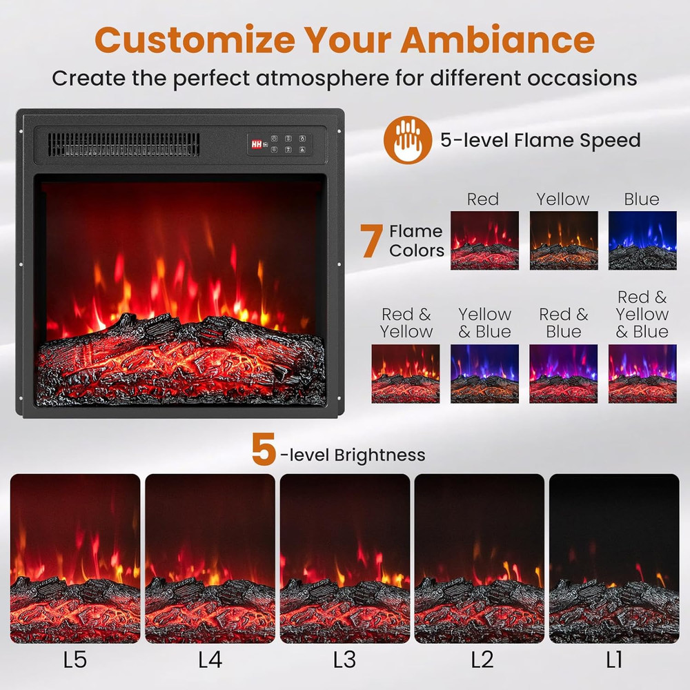 18" Electric Fireplace Insert with Remote & 7 Flame Colors, Timer Included