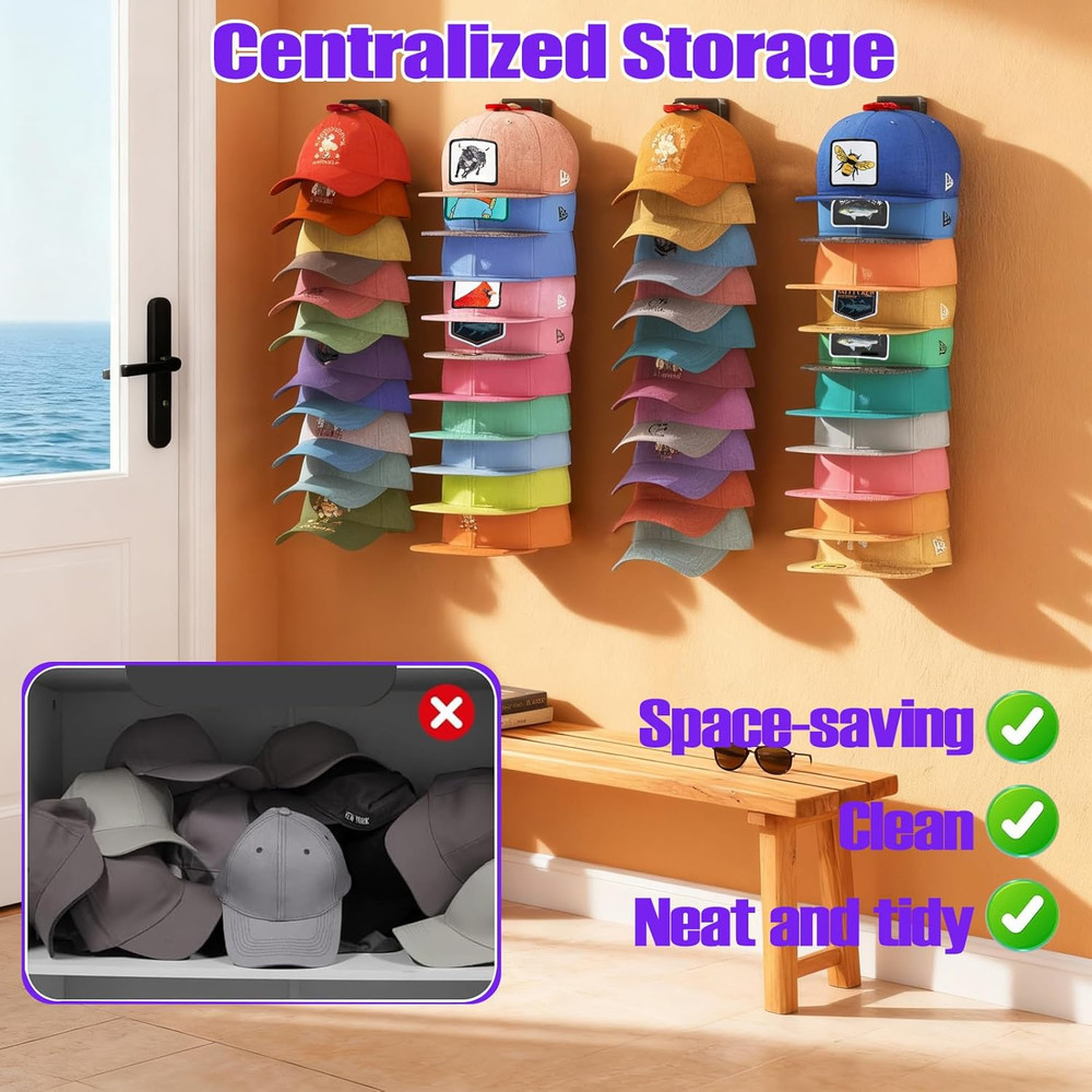 2 Pack Hat Organizer for Baseball Caps, Hat Rack for Wall (Rainbow)