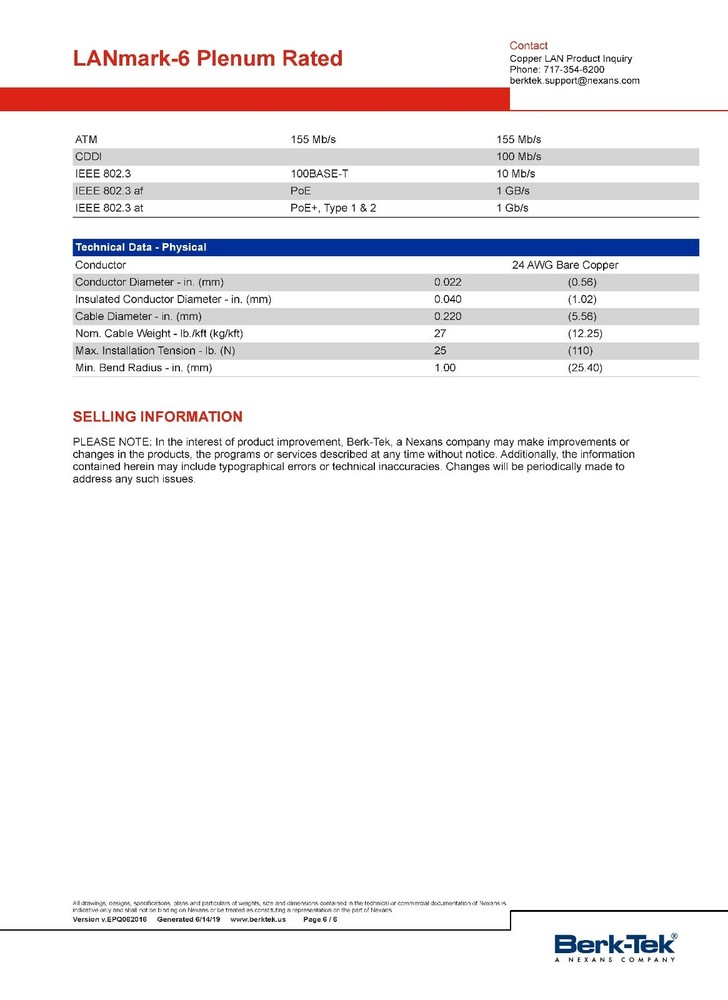 Berk-Tek 24/4P LANmark 6 CAT6 Plenum U/UTP Network Cable CMP White /100ft