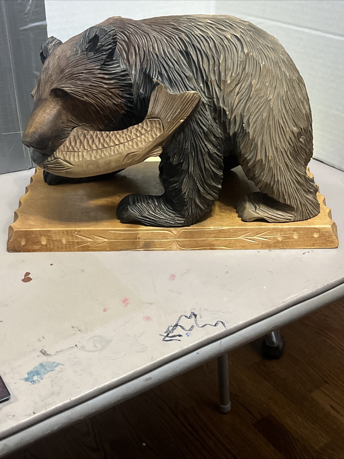 Japanese Style 13” W x 7” L x 9” T Wooden Ainu Bear With Salmon Statue With Base