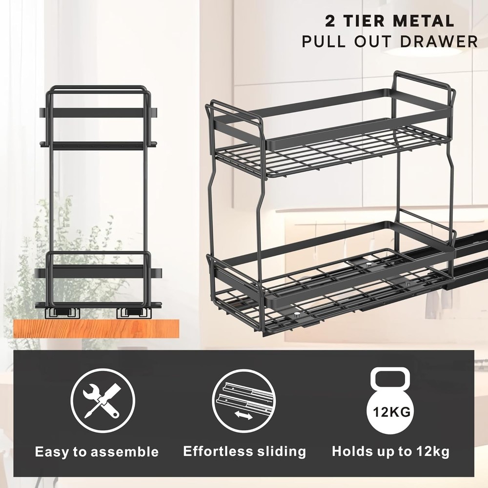 Pull Out Spice Rack Organizer for Inside Kitchen Cabinets, 2 Tier Metal Slide Ou